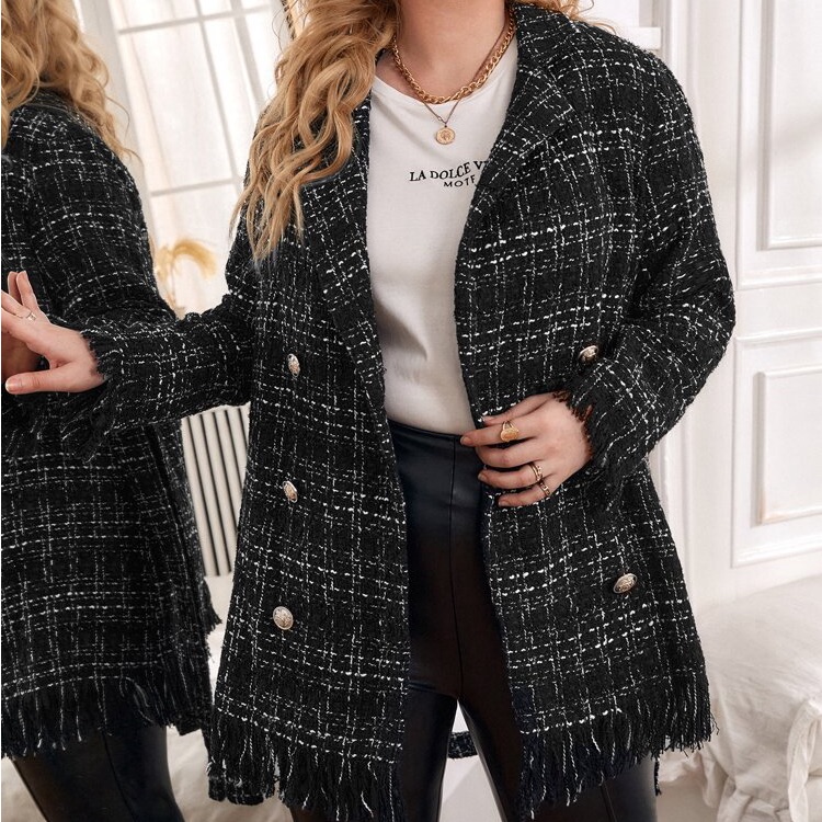 Plus Size Tweed Raw Hem Plaid Coat Blazer